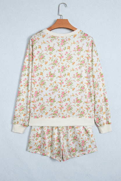 Beige Floral Print Long Sleeve Shift Top Pocketed Shorts 2pcs Set