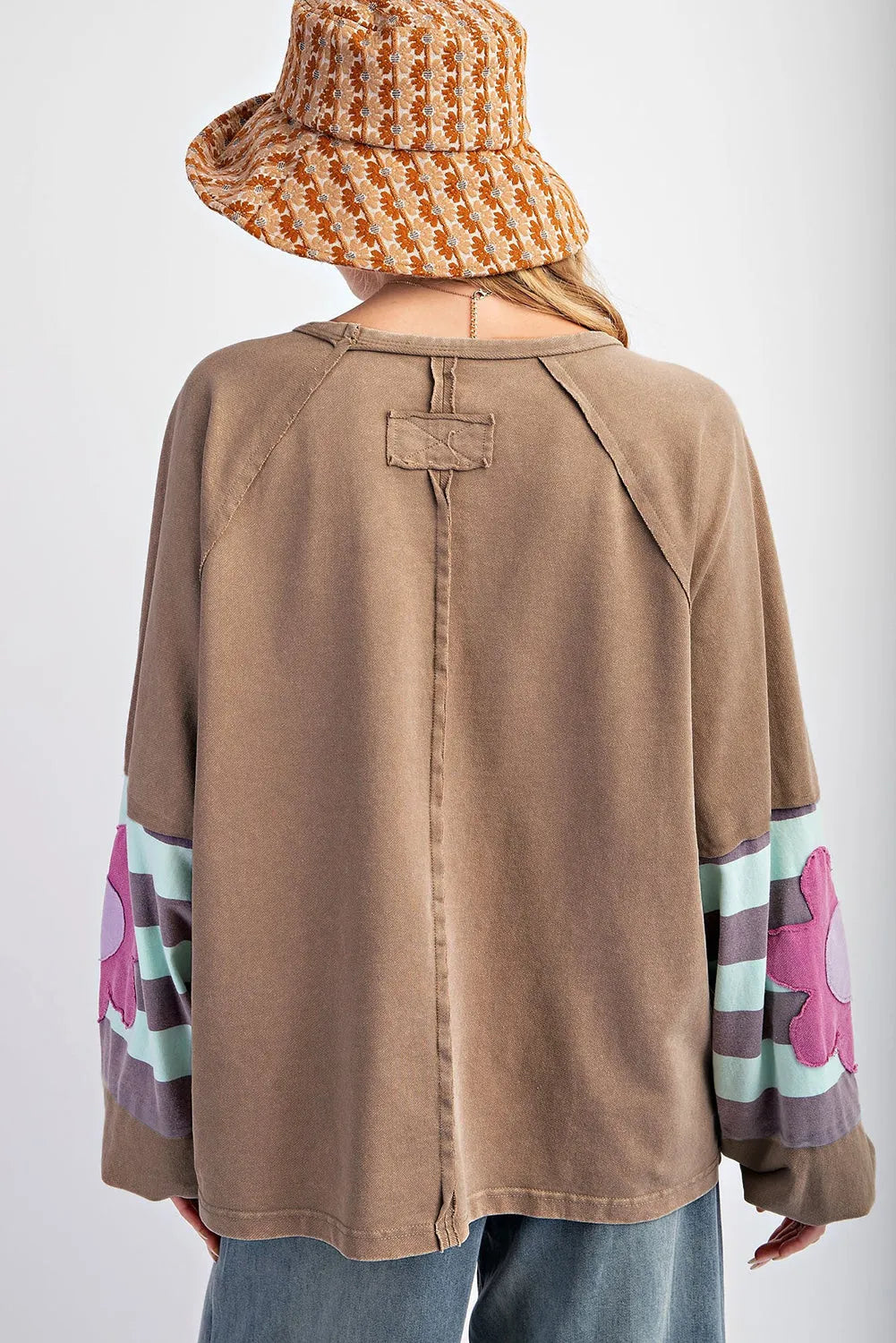 Light French Beige Flower Striped Patchwork Puff Sleeve Loose Sweatshirt - Chic Meadow Boutique 