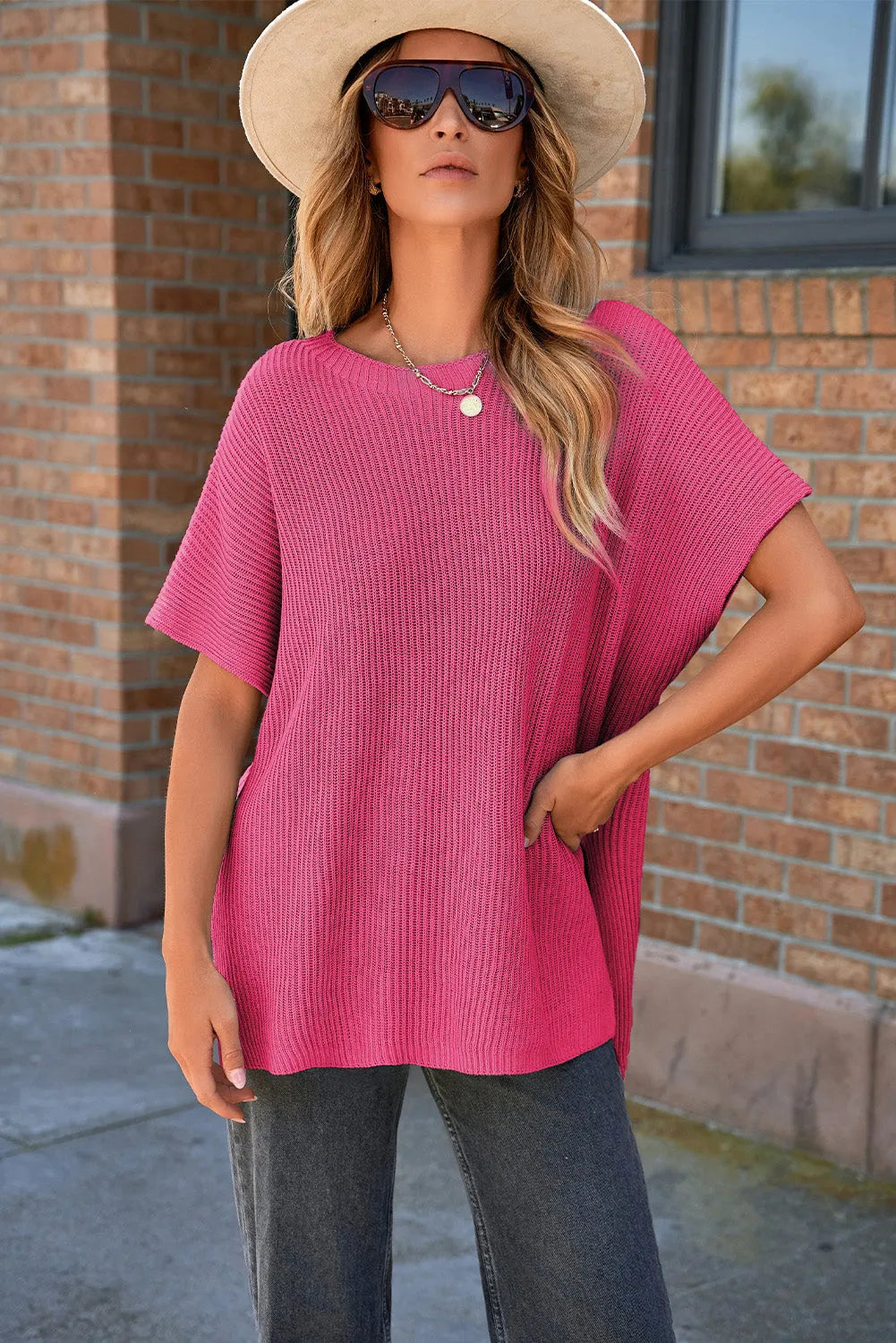 Rose Red Short Sleeve Side Slit Oversized Sweater - Chic Meadow Boutique 