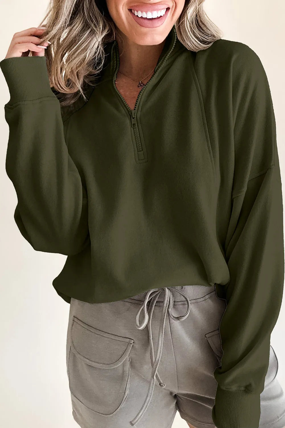 Jungle Green Zipped Neck Pullover Drop Shoulder Sweatshirt - Chic Meadow Boutique 