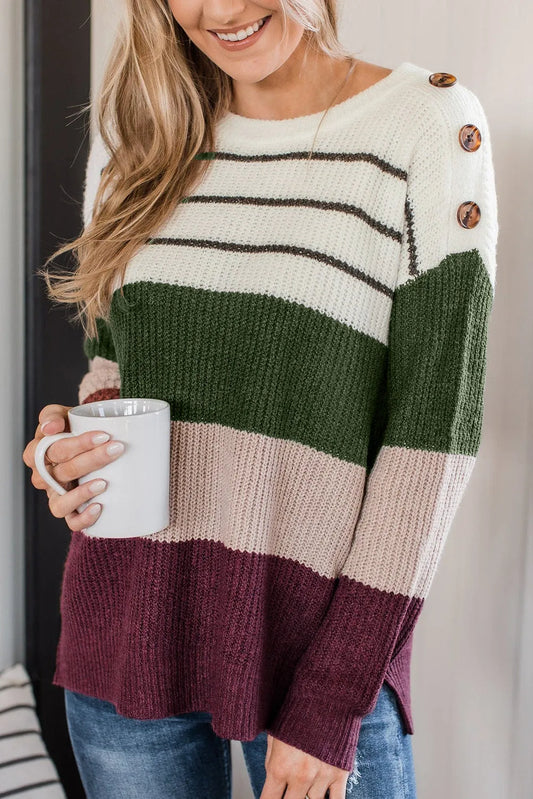 Green Color Block Striped Buttoned Shoulder Split Sweater - Chic Meadow Boutique 