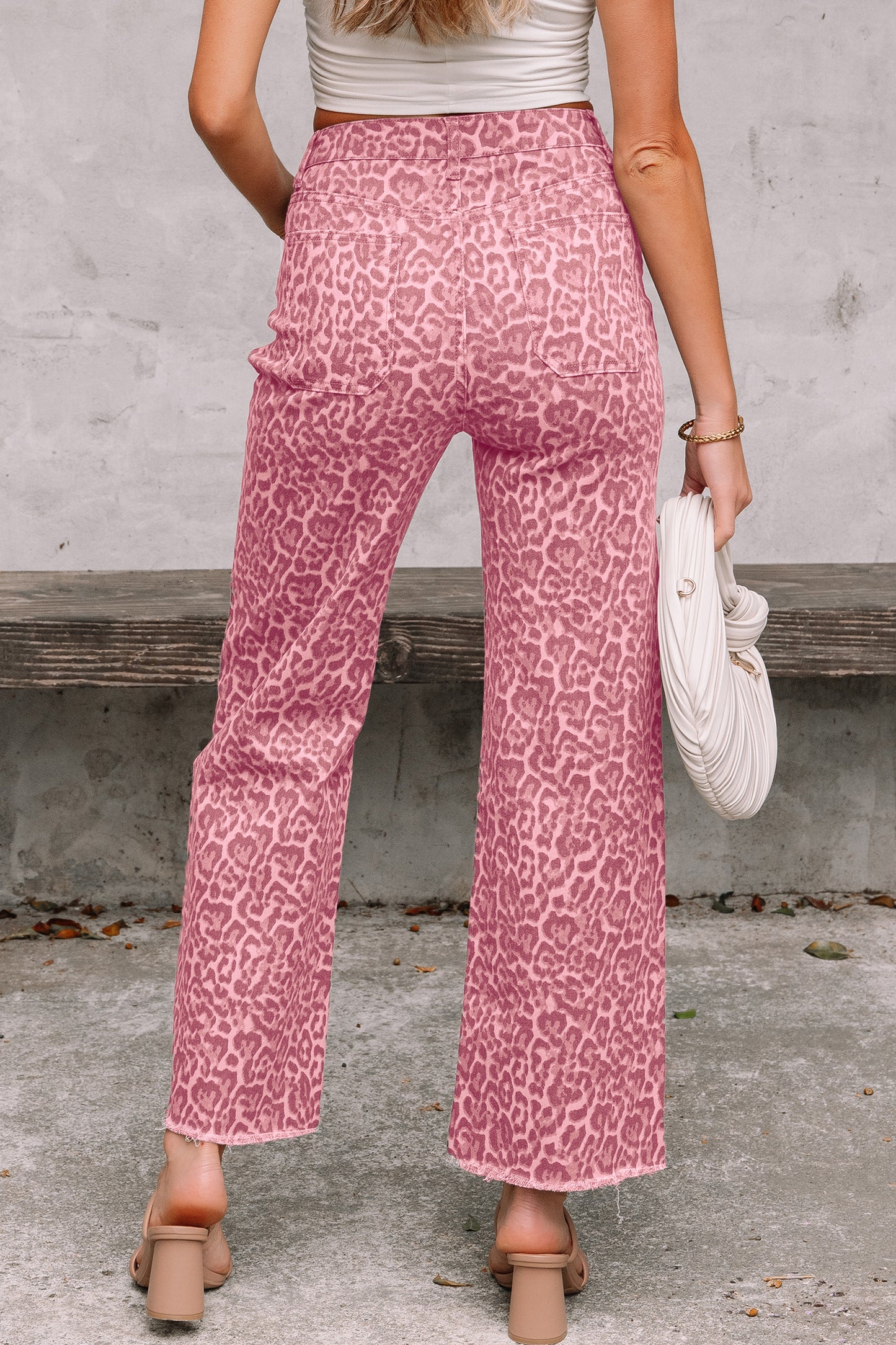 Rose Leopard Frayed Edge Wide Leg High Waist Jeans