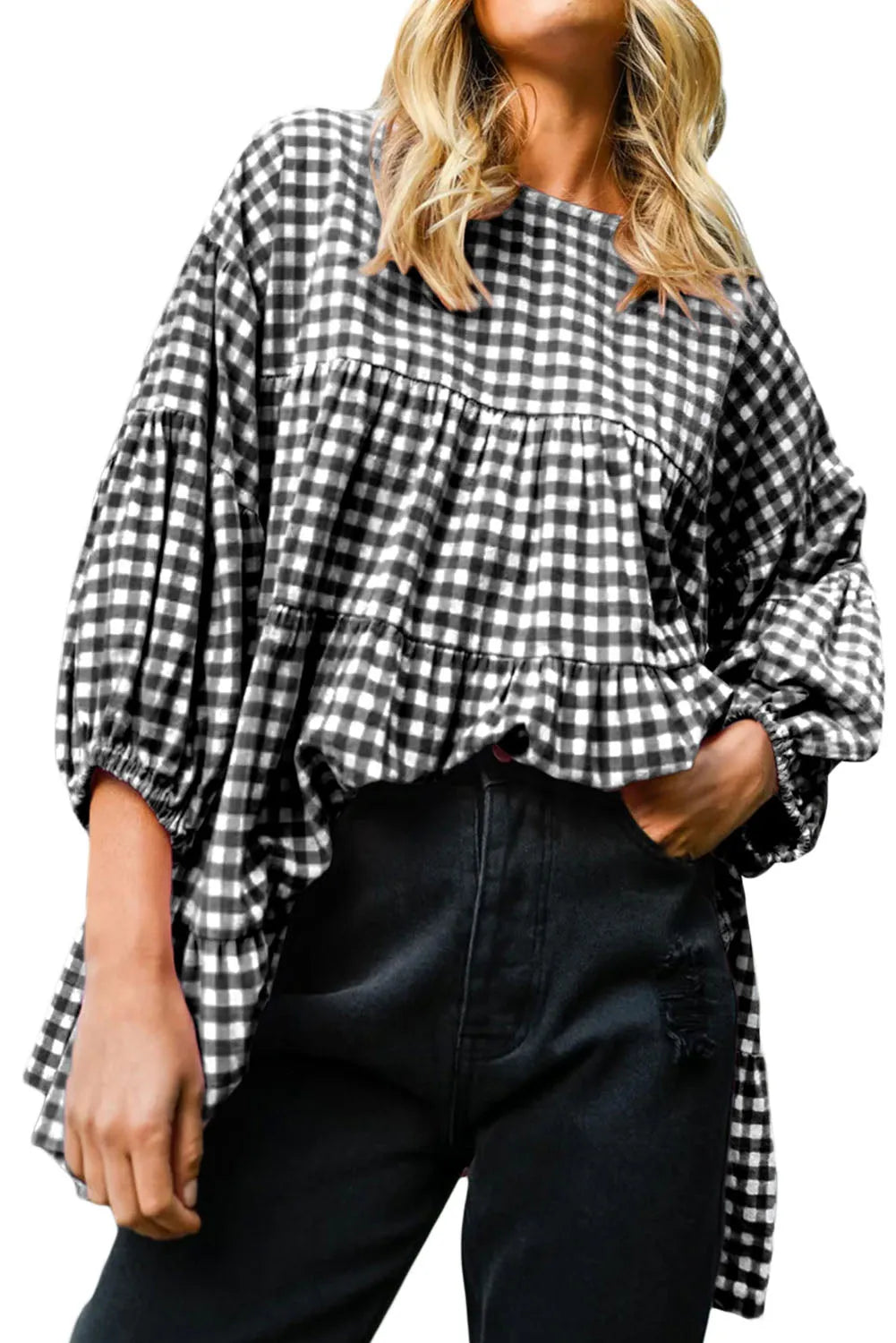 Black Checkered Puff Sleeve Tiered Loose Babydoll Blouse - Chic Meadow Boutique 