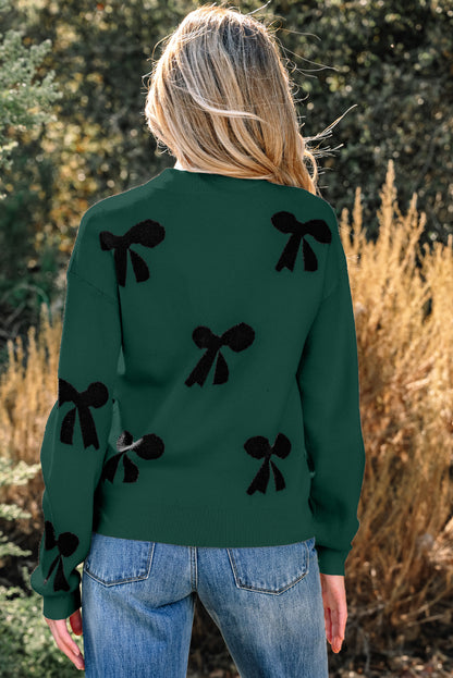 Blackish Green Pearl Embellished Bow Pattern Loose Sweater