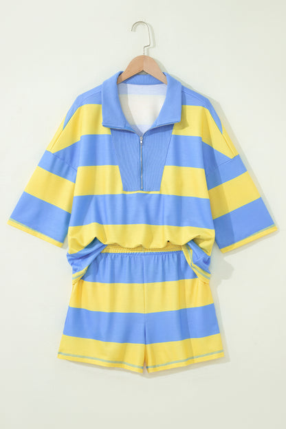 Yellow Stripe Half Zipper Placket Bracelet Sleeve Top Casual Shorts Set