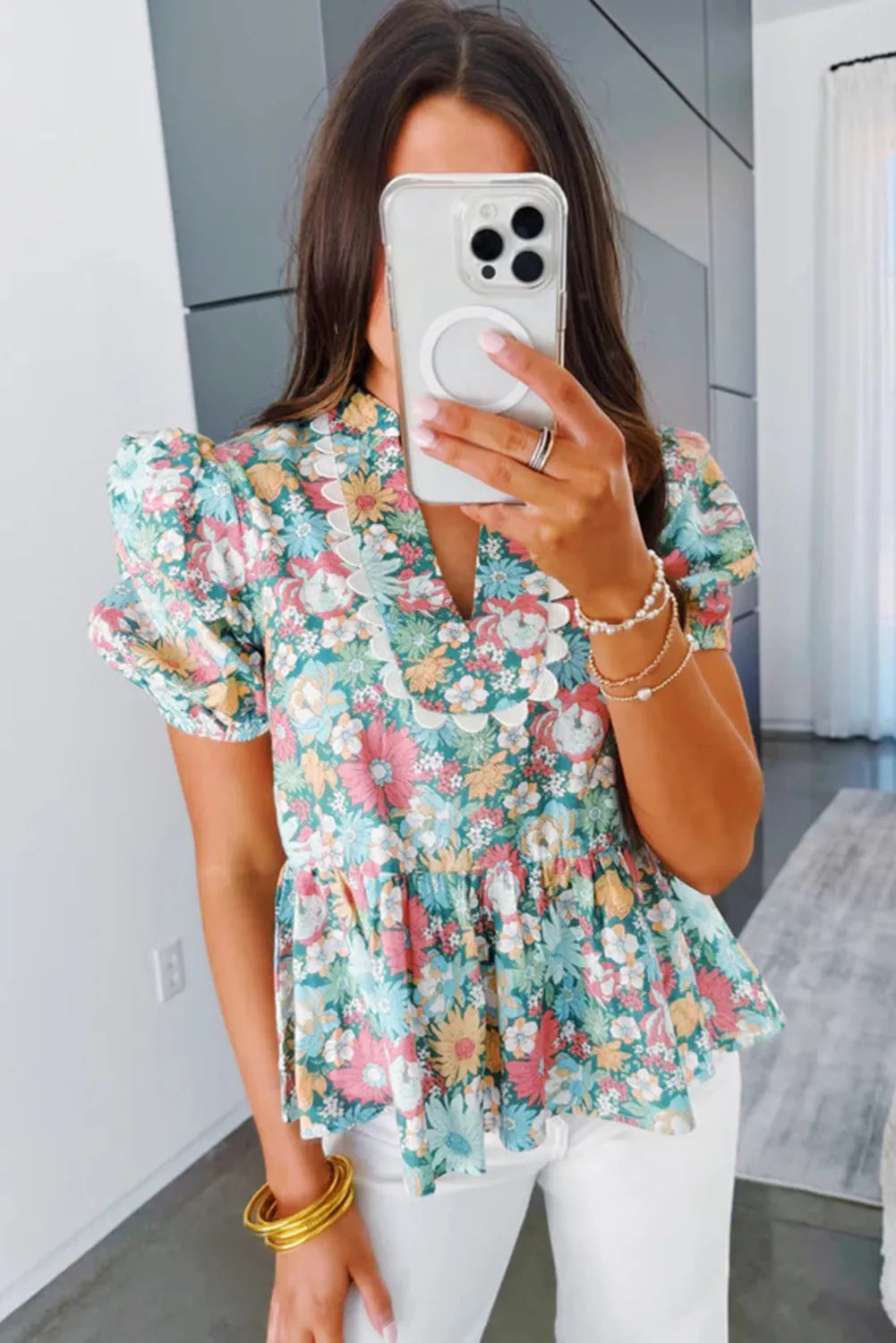 Multicolour Notched Neck Puff Short Sleeve Floral Blouse - Chic Meadow Boutique 