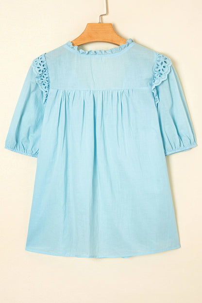 Mist Blue Embroidered Lace Patchwork Tie Neck Puff Short Sleeve Blouse