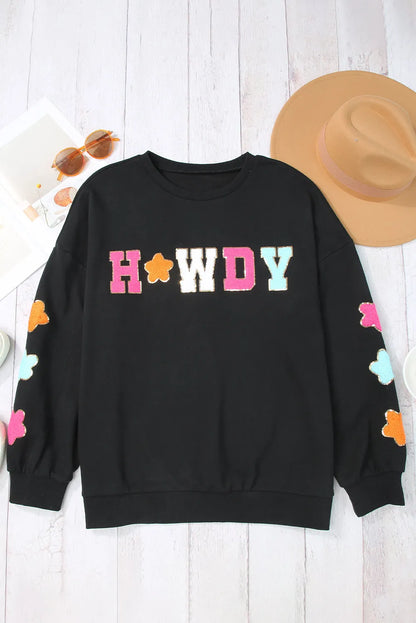 Black Howdy Glitter Chenille Patch Graphic Casual Sweatshirt - Chic Meadow Boutique 