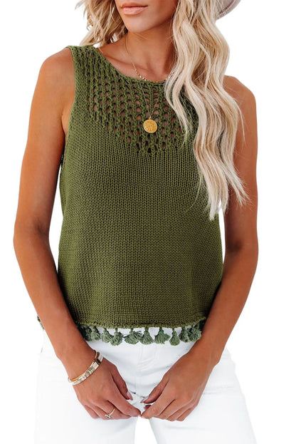 Green Tasseled Crochet Hollow-out Knit Tank - Chic Meadow Boutique 