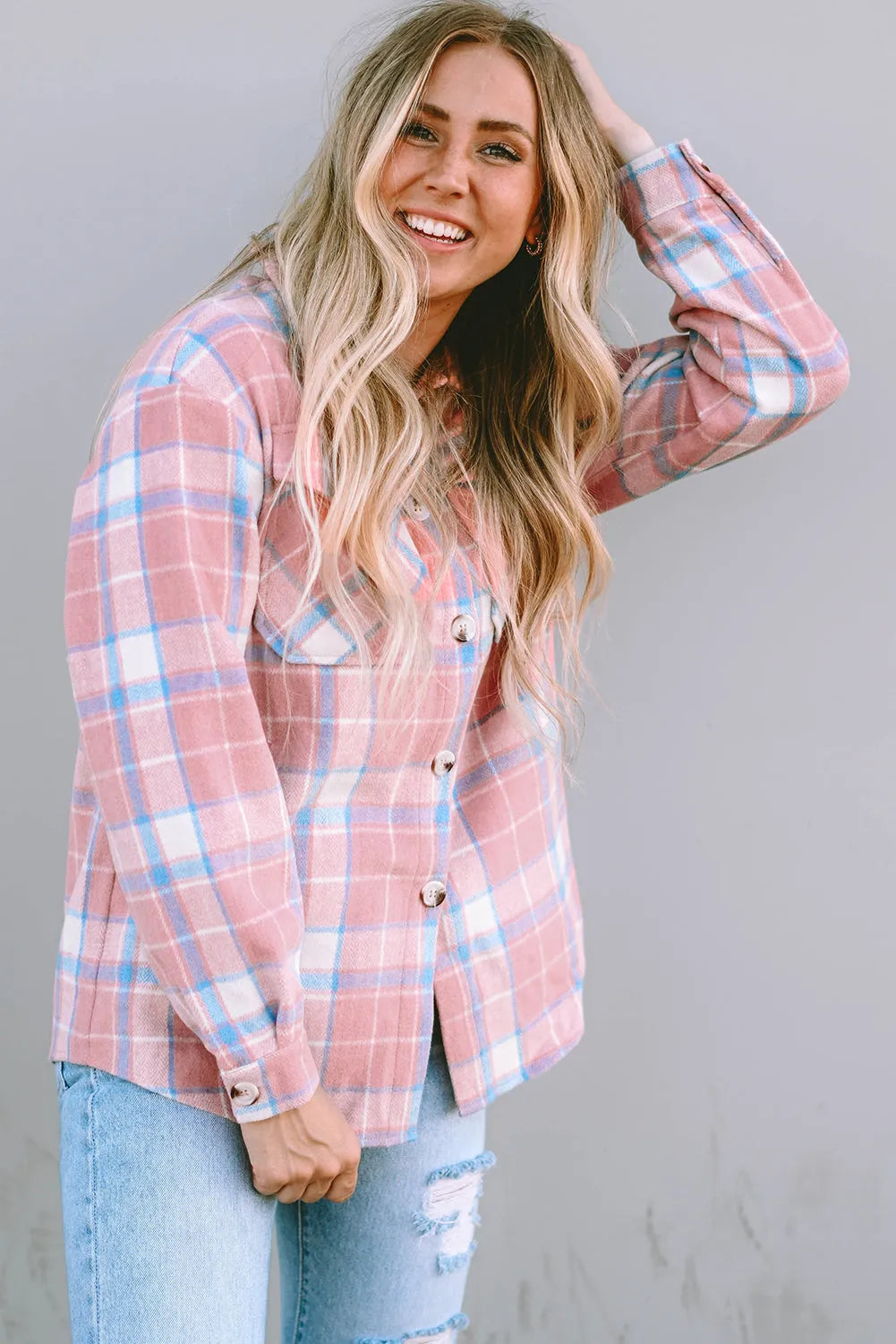 Pink Plaid Flap Pocket Flannel Shacket - Chic Meadow Boutique 