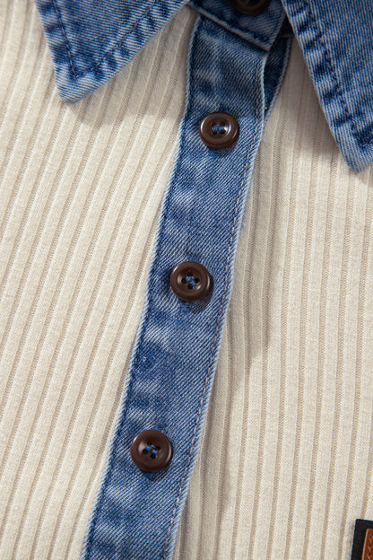 Light Grey Ribbed Denim Colorblock Detail Button Collar Long Sleeve Top