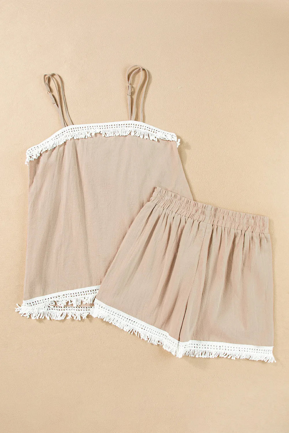 Pale Khaki Fringe Crochet Double Strap Tank Top and Shorts Set - Chic Meadow Boutique 