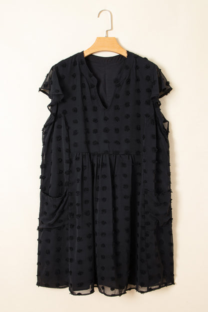 Black Dotty Textured Notched Neck Plus Ruffled Dress