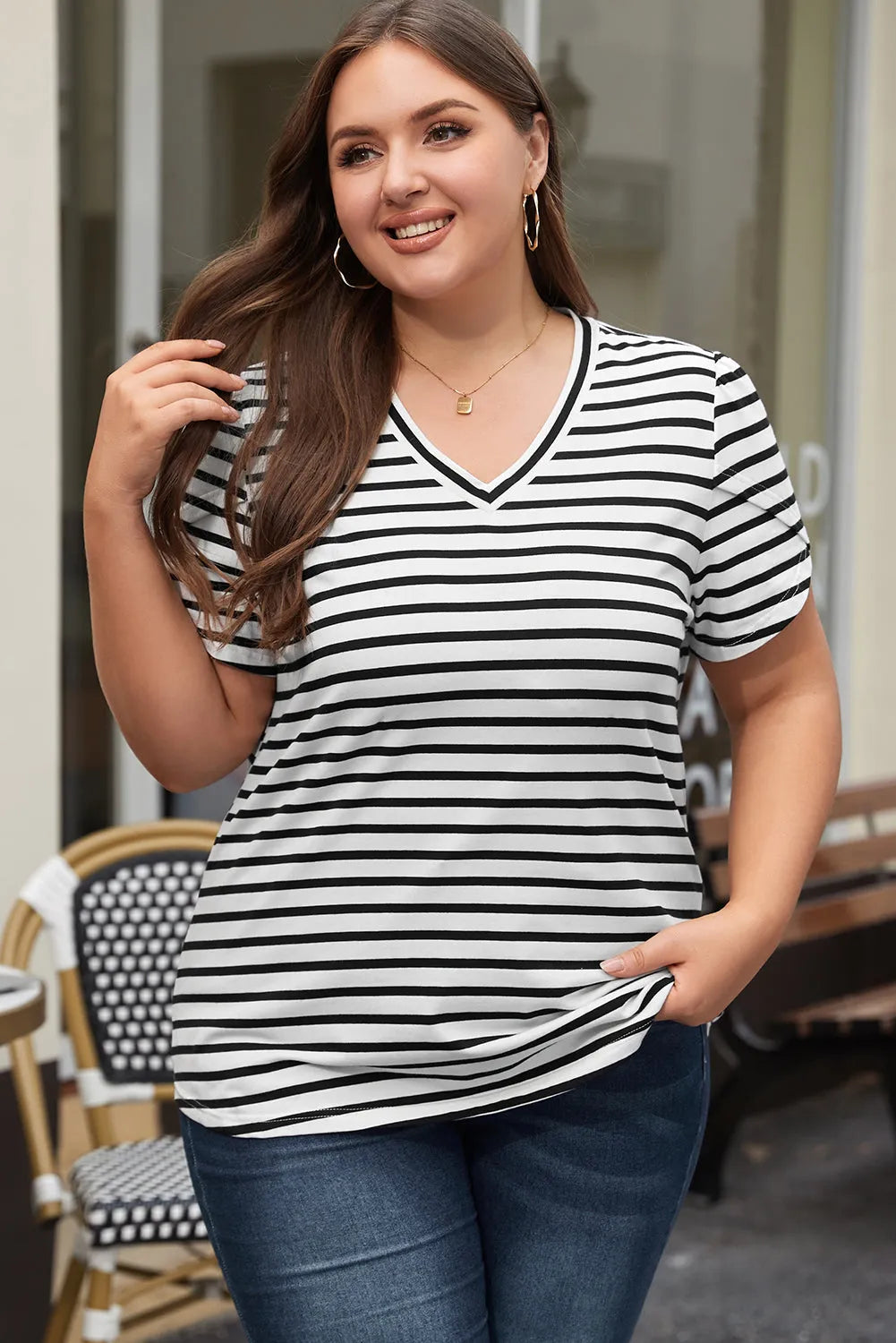 White Stripe V Neck Petal Sleeve Plus Size T-Shirt - Chic Meadow Boutique 