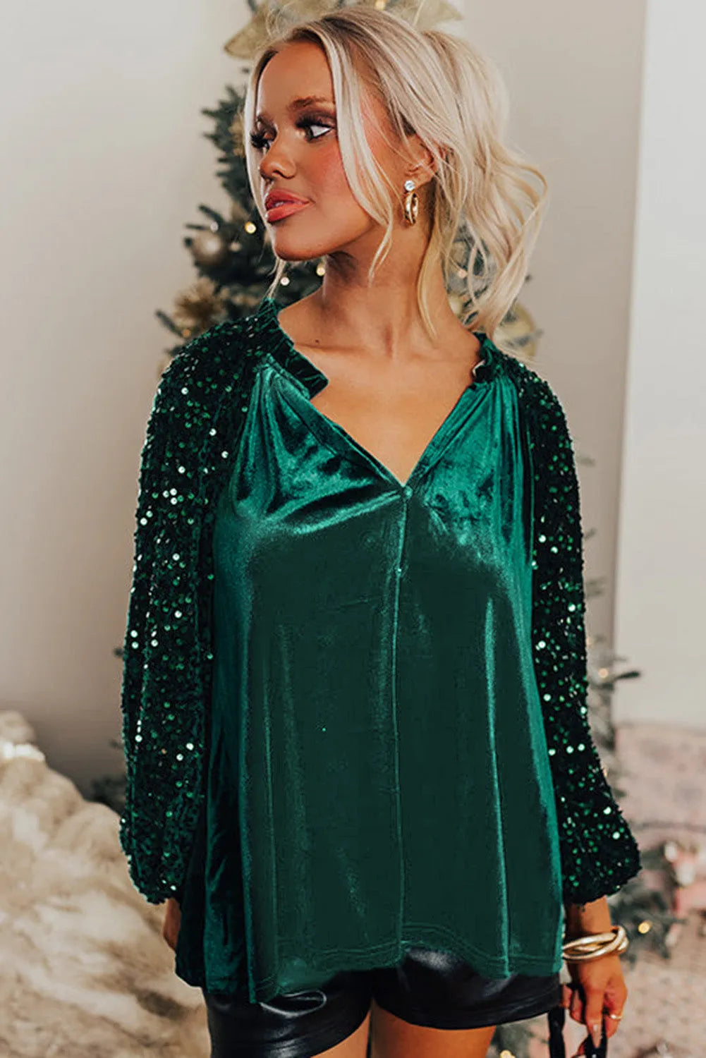 Evergreen Sequin Patchwork Sleeve Button Up Velvet Top - Chic Meadow Boutique 