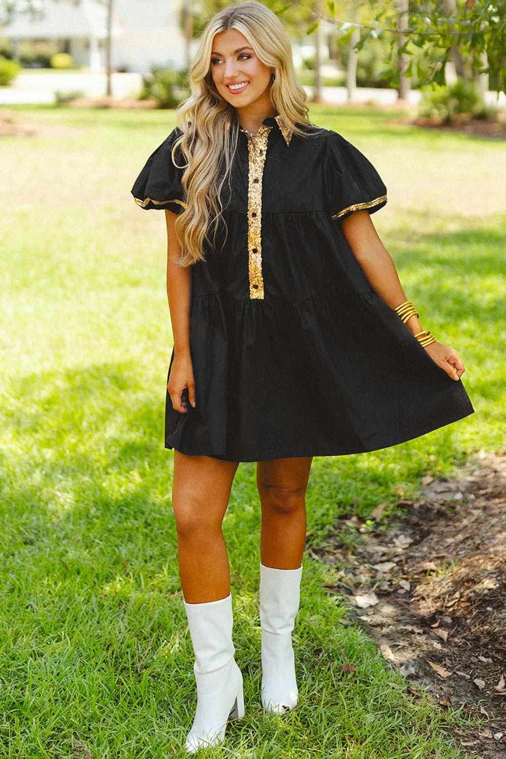 Black Sequin Trim Bubble Sleeve Game Day Shirt Dress - Chic Meadow Boutique 