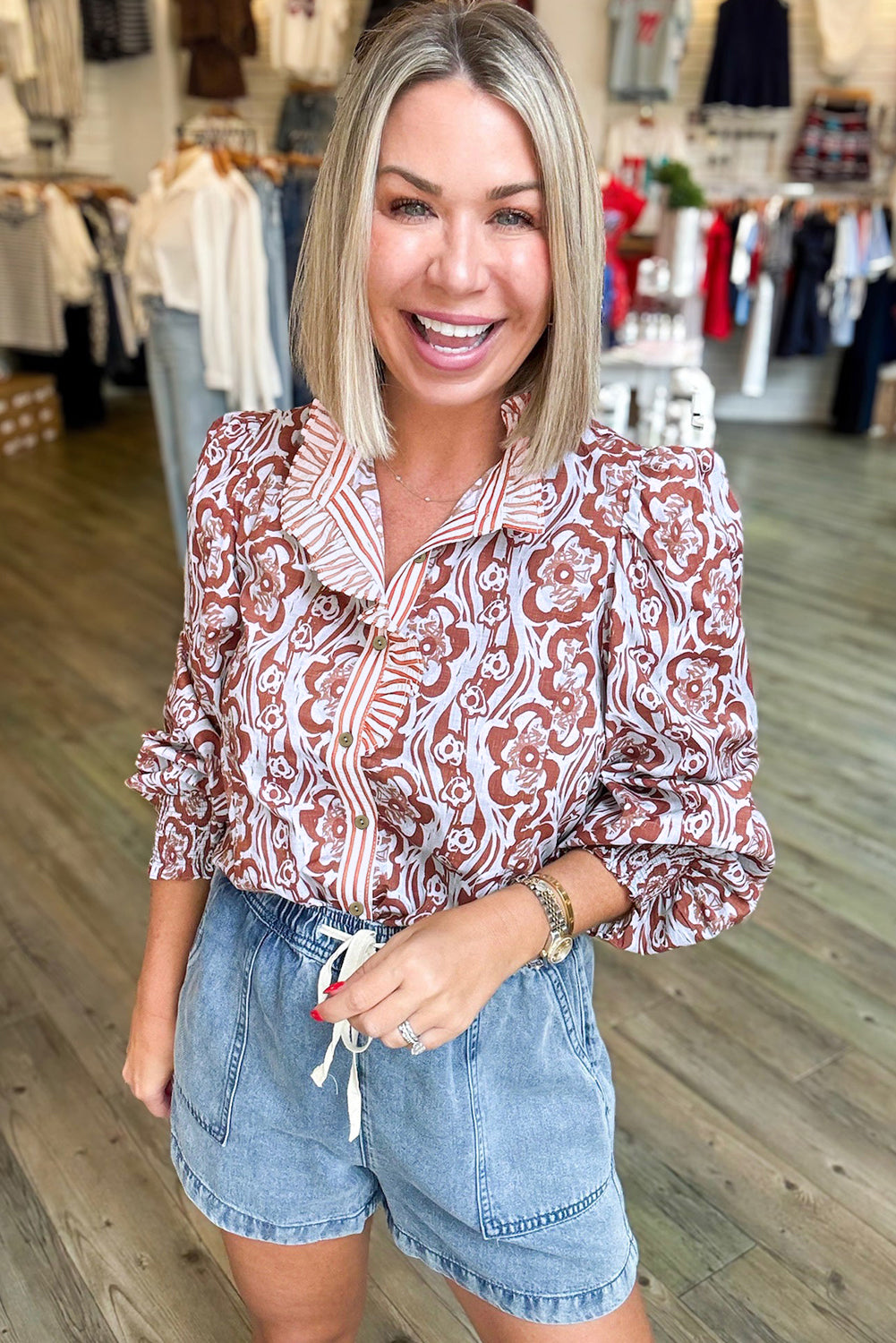 Floral Print Frilled Striped Trim Button Down Smocked Cuffs Long Sleeve Shirt