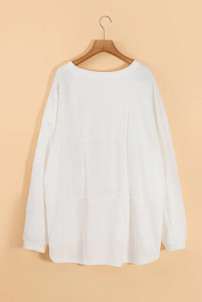 White Solid Color Patchwork Drop Shoulder Baggy Sweatshirt - Chic Meadow Boutique 