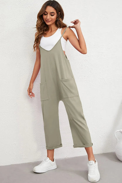 Green Pocketed Adjustable Spaghetti Strap Straight Leg Jumpsuit - Chic Meadow Boutique 