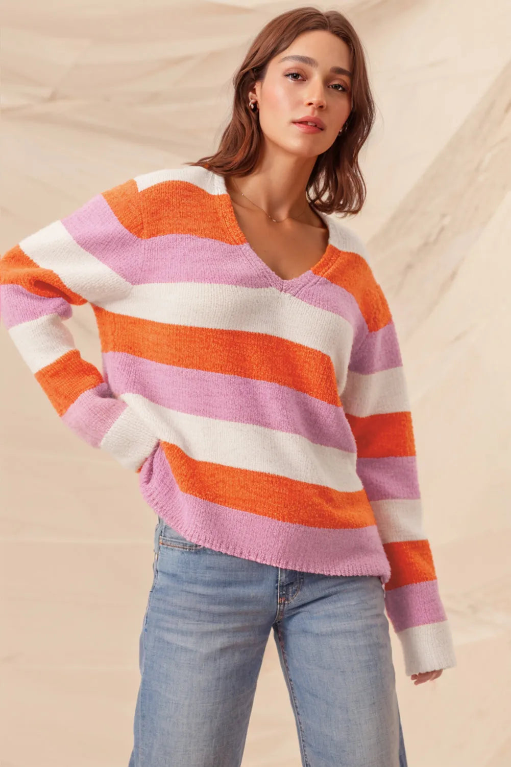 Orange Stripe Colorblock V Neck Casual Sweater - Chic Meadow Boutique 