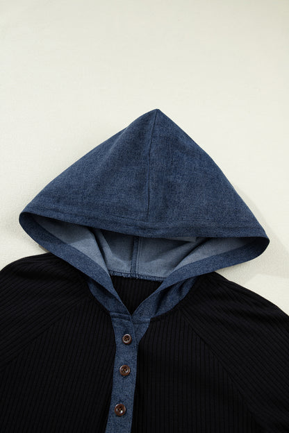 Black Ribbed Knit Contrast Denim Patchwork Hooded Long Sleeve Top