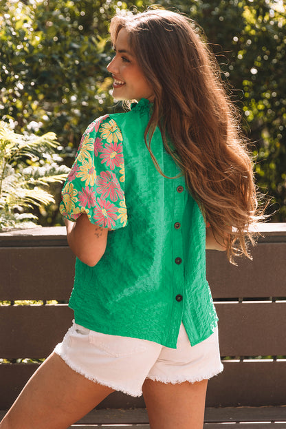 Bright Green Floral Puff Short Sleeve Ruffled Collar Button Back Top