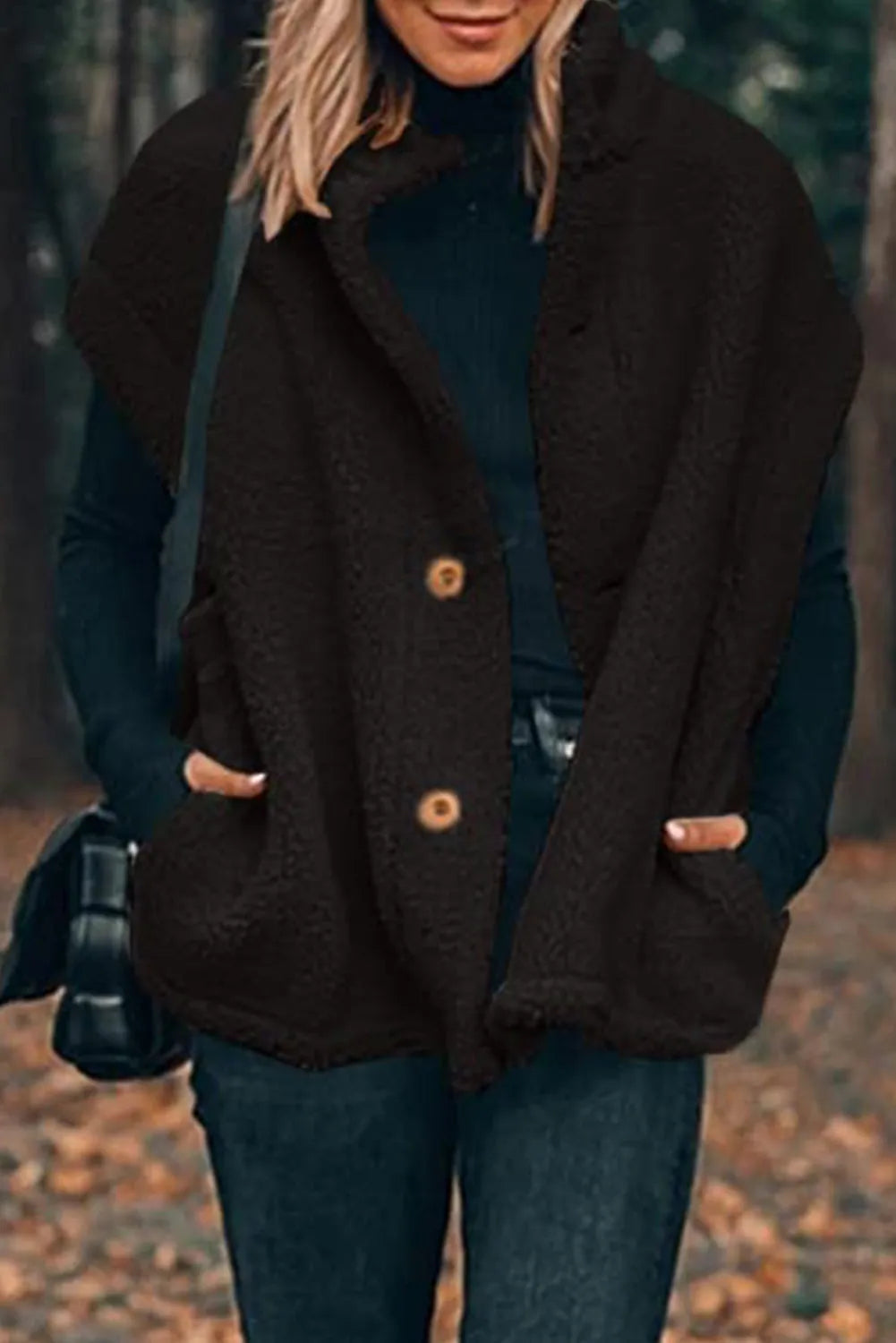 Black Sherpa Stand Collar Jacket Vest - Chic Meadow Boutique 