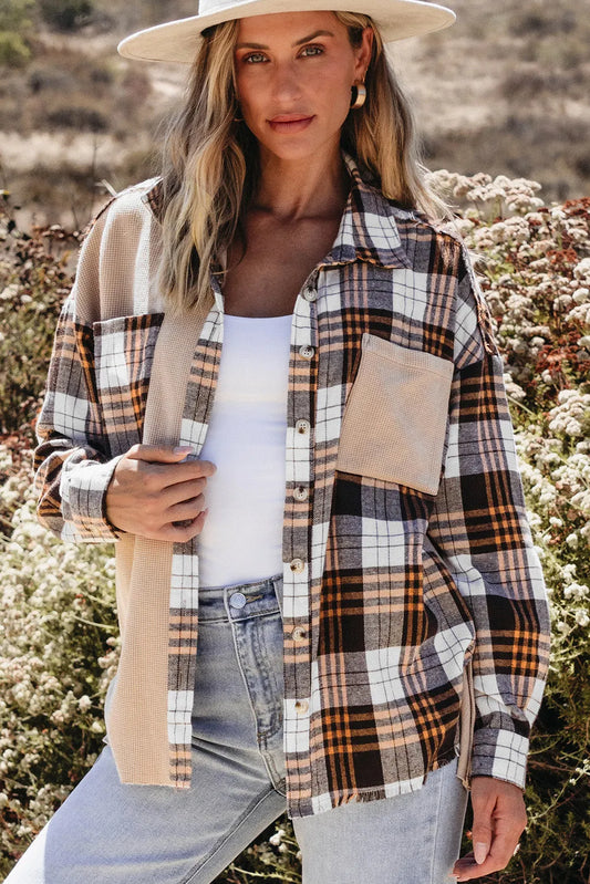 Khaki Thermal Knit Plaid Patchwork Shacket - Chic Meadow Boutique 