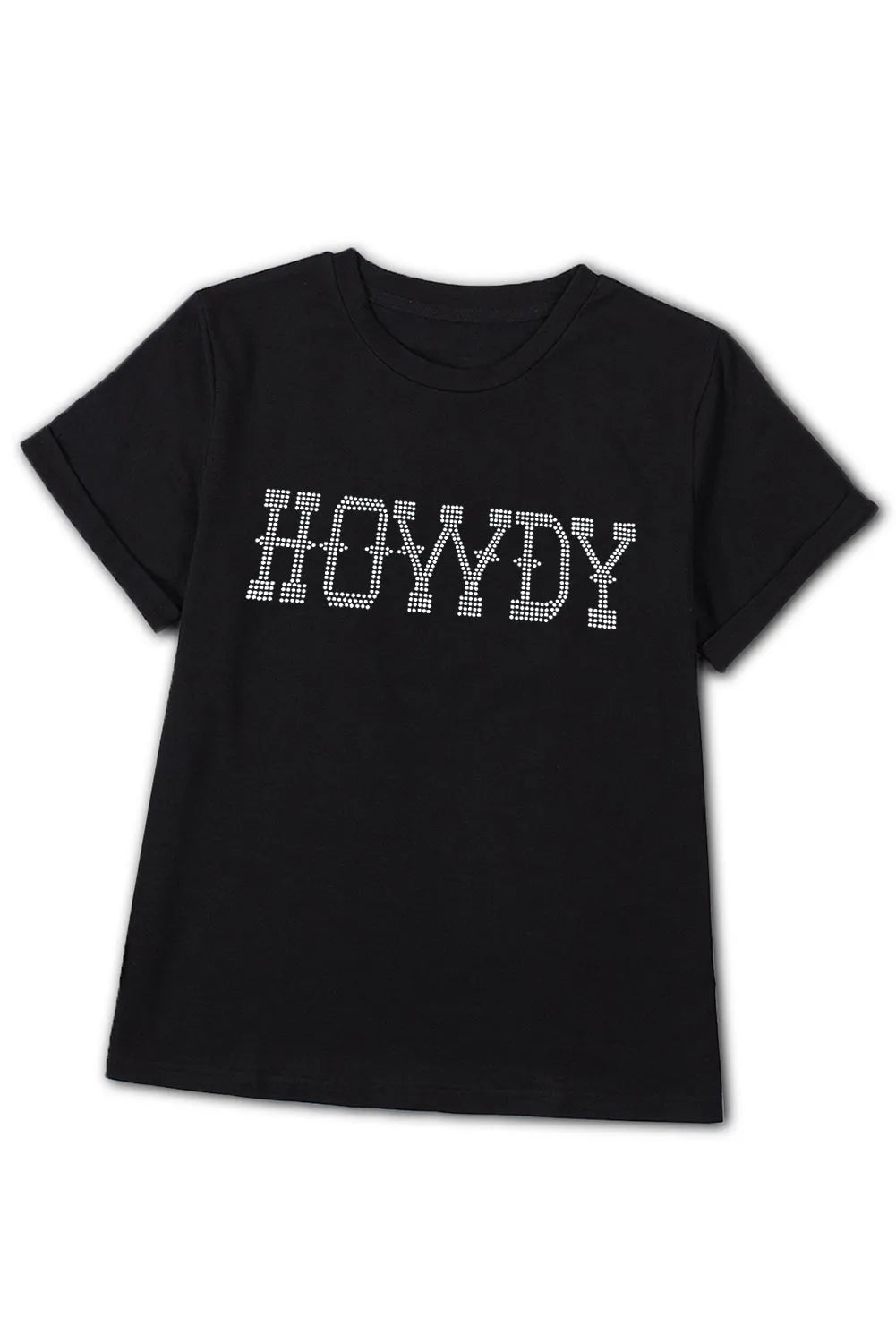 Black HOWDY Rhinestone Slim Fit Crew Neck T Shirt - Chic Meadow Boutique 