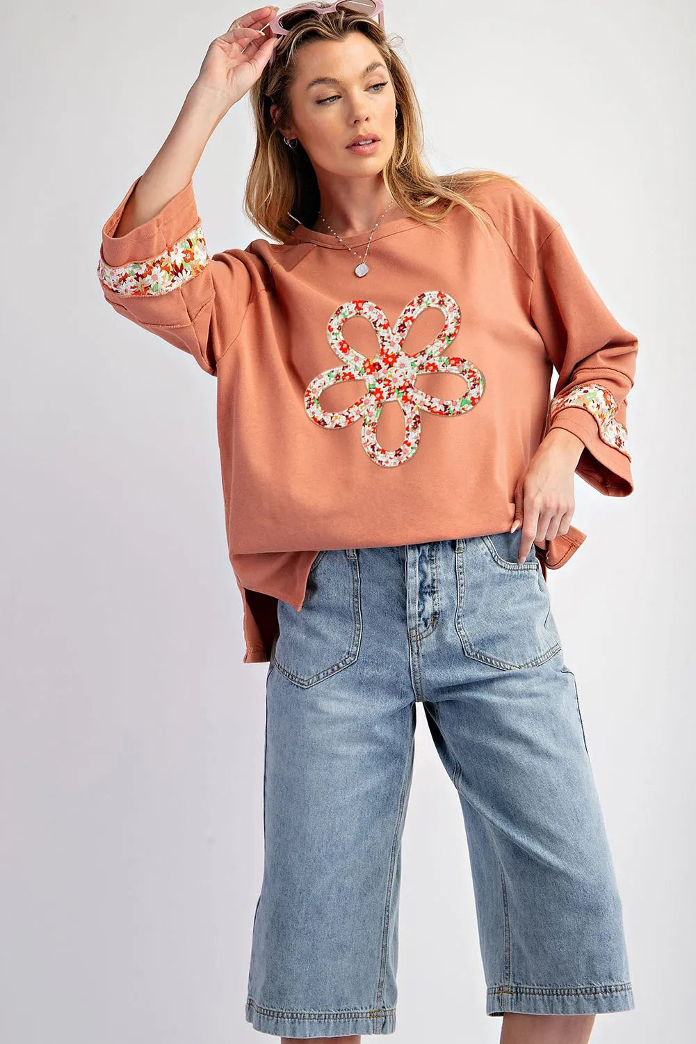 Grapefruit Orange Flower Patch Graphic Exposed Seam Wide Sleeve Top - Chic Meadow Boutique 