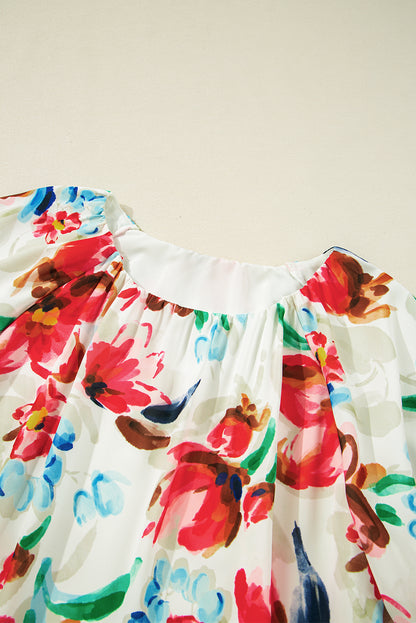 White Floral Print Puffy Half Sleeve Blouse