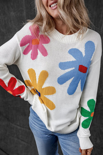 White Colorful Big Flower Pattern Crewneck Sweater - Chic Meadow Boutique 