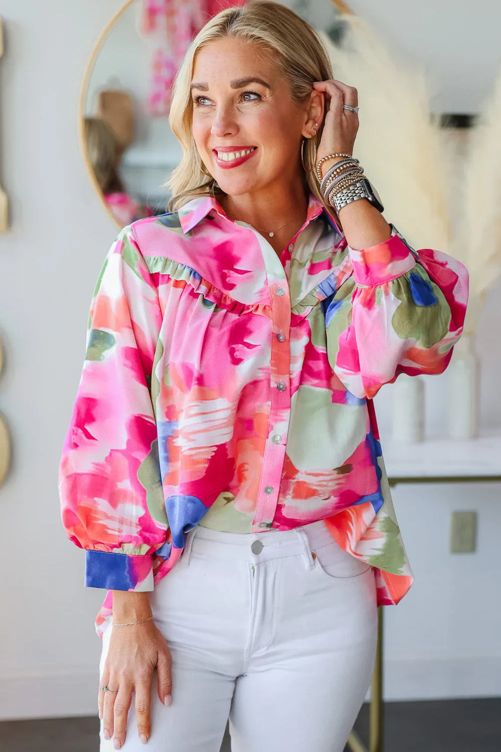 Multicolour Abstract Printed Lantern Sleeve Frilled Button Front Collared Shirt - Chic Meadow Boutique 