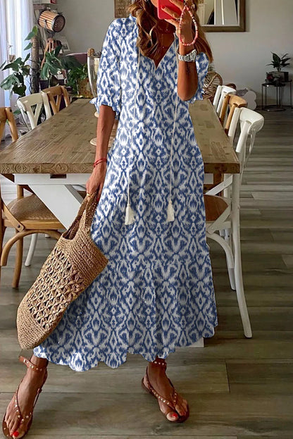 Sky Blue V Neck Casual Geometric Print Maxi Dress - Chic Meadow Boutique 