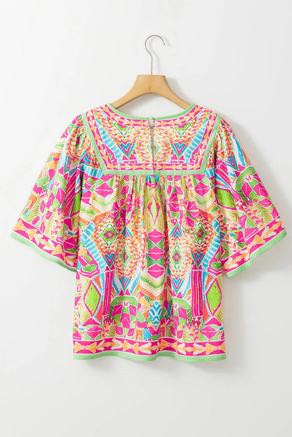 Orange Geometric Print Bell Sleeve O Neck Babydoll Blouse - Chic Meadow Boutique 