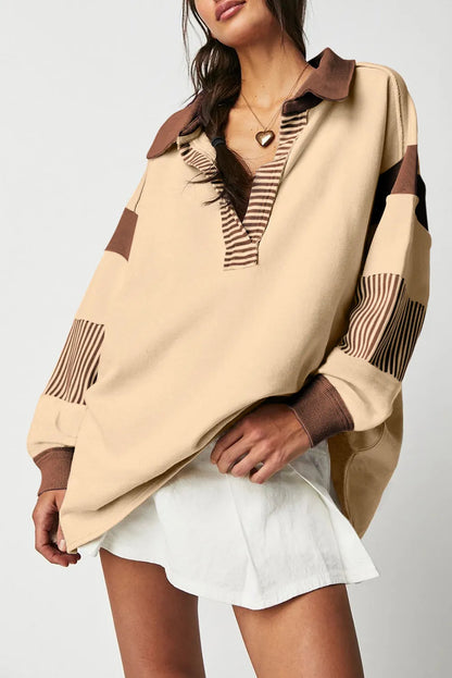 Light French Beige Striped Colorblock Patchwork Collar Sweatshirt - Chic Meadow Boutique 