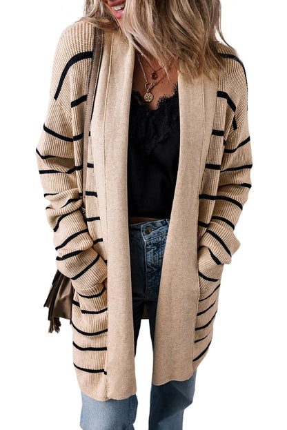 Black Stripe Shawl Neckline Open Cardigan with Pockets - Chic Meadow Boutique 