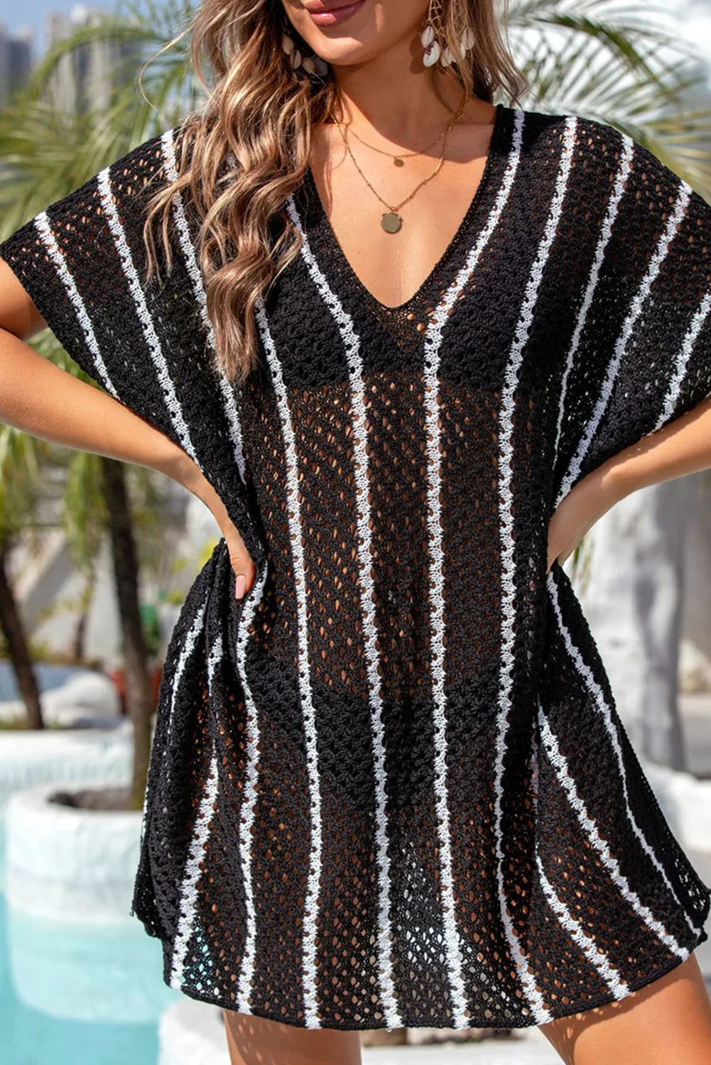 Black Striped Crochet Loose Fit V Neck Beach Cover Up - Chic Meadow Boutique 