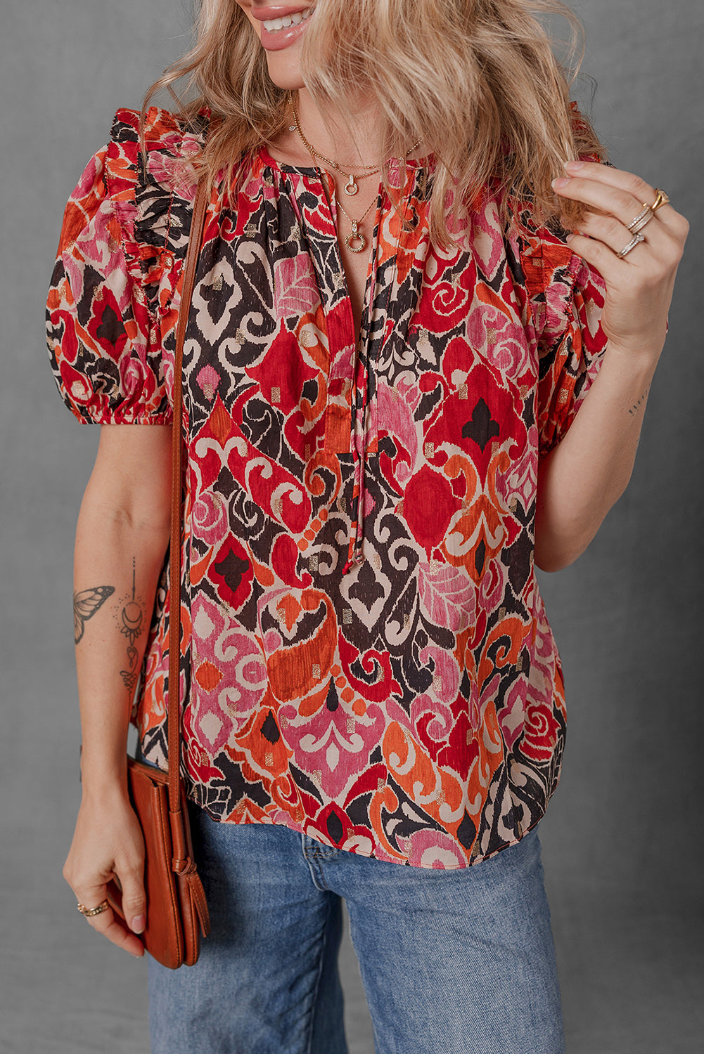 Red Ethnic Print Split Neck Short Puff Sleeve Blouse