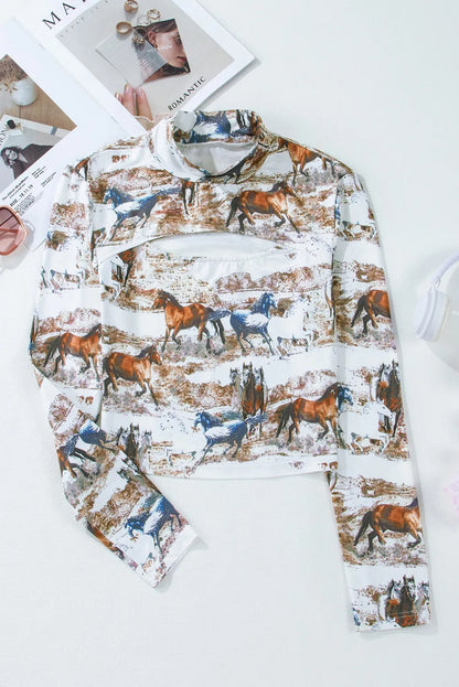 Brown Western Wild Horses Print Hollow-out High Neck Top - Chic Meadow Boutique 