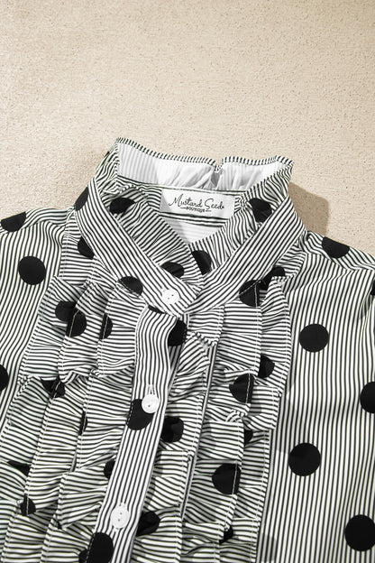 Black white Polka Dot Striped Print Ruffle Stand Neck 3/4 Sleeve Shift Shirt