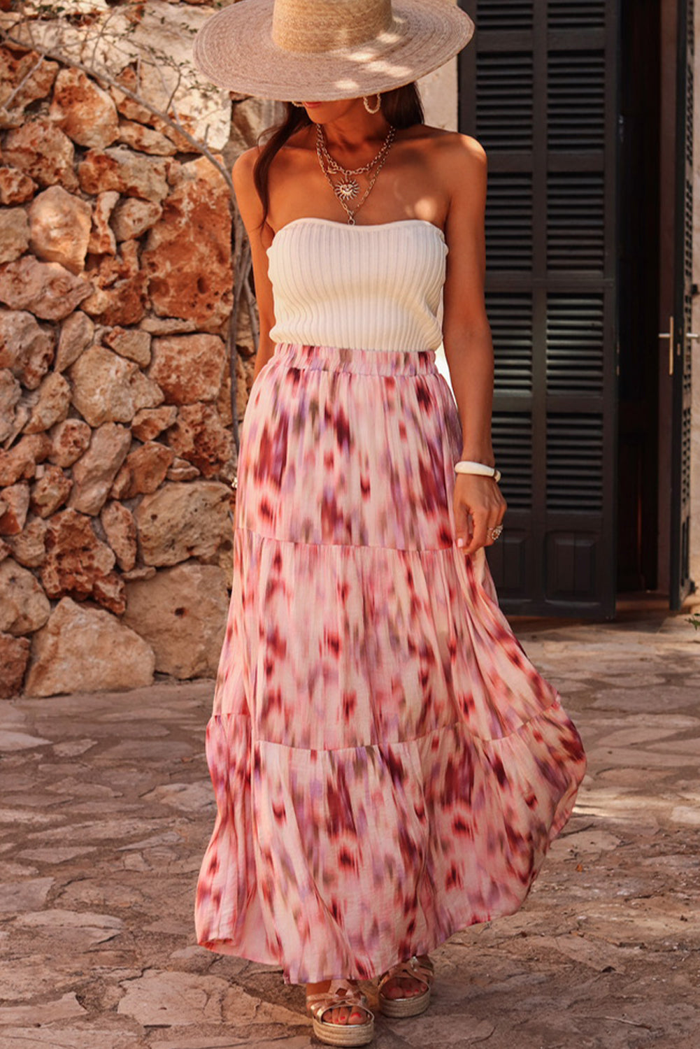 Pink Abstract Watercolor Tie Dye Tiered Maxi Skirt