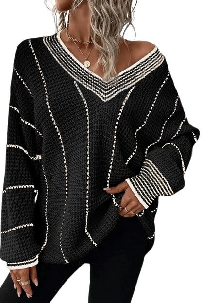 Black Colorblock Striped V Neck Knitted Loose Sweater - Chic Meadow Boutique 