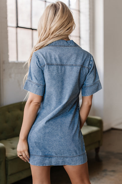 Beau Blue Short Sleeve Collared Patched Pocket Denim Mini Dress