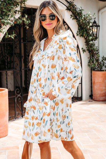 Yellow Floral Print Tie Neck Frilled Detail Long Sleeve Mini Dress