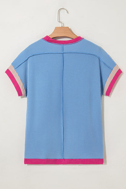 Sky Blue Textured Contrast Trim Round Neck T Shirt