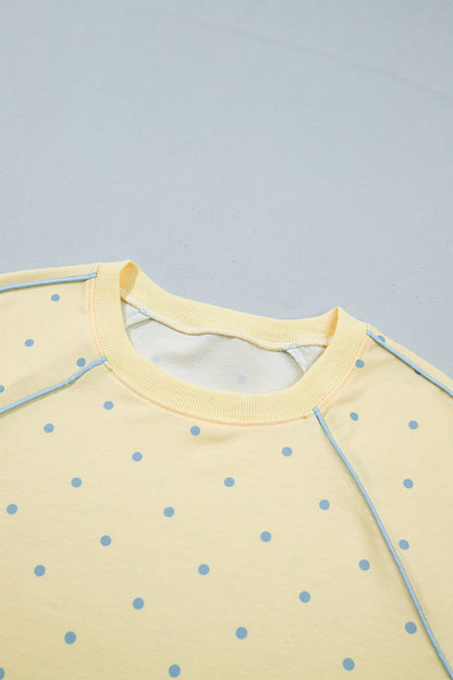 Yellow Polka Dot Print Piping Trim 3/4 Sleeve Relaxed Top