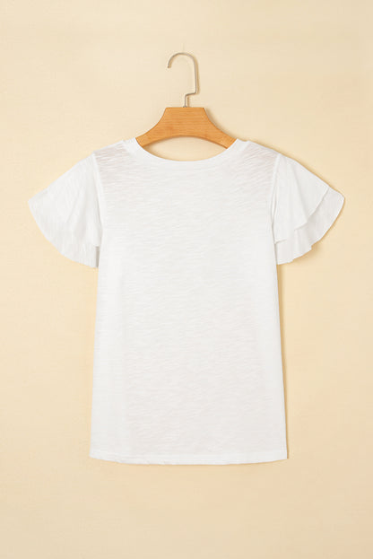 White Layered Ruffle Short Sleeve Round Neck Top