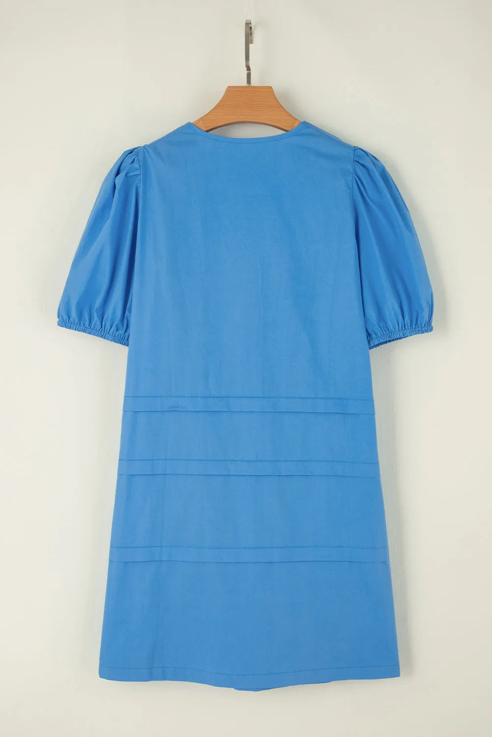 Blue Solid Color Pleated Puff Short Sleeve Shift Dress - Chic Meadow Boutique 