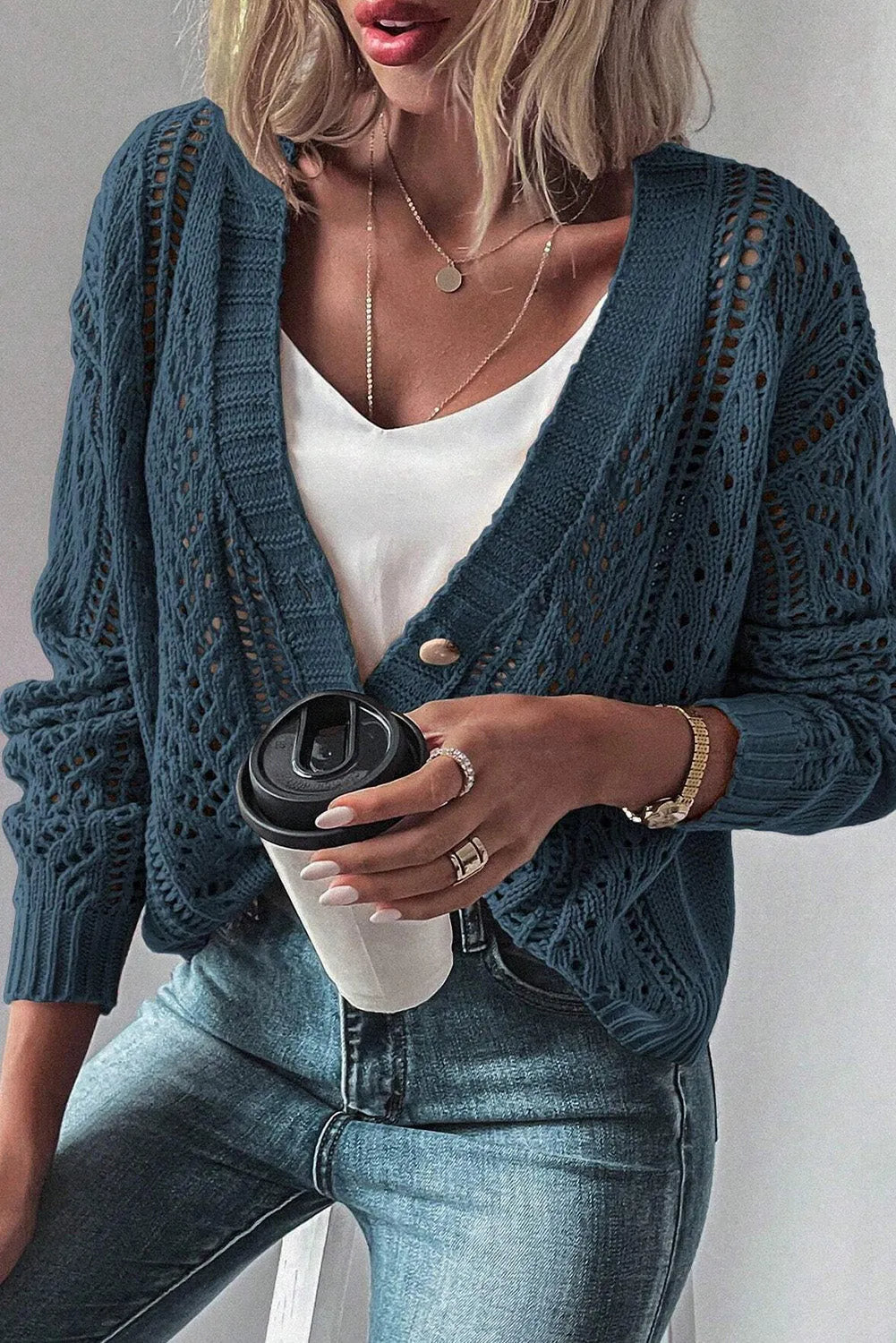 Real Teal Open Knit Drop Shoulder Sweater Cardigan - Chic Meadow Boutique 